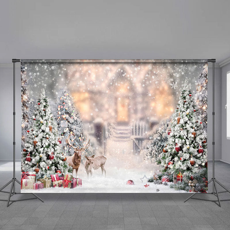 Aperturee - Deers Christmas Tree Snowy Cabin Xmas Backdrop