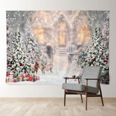 Aperturee - Deers Christmas Tree Snowy Cabin Xmas Backdrop