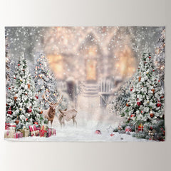 Aperturee - Deers Christmas Tree Snowy Cabin Xmas Backdrop