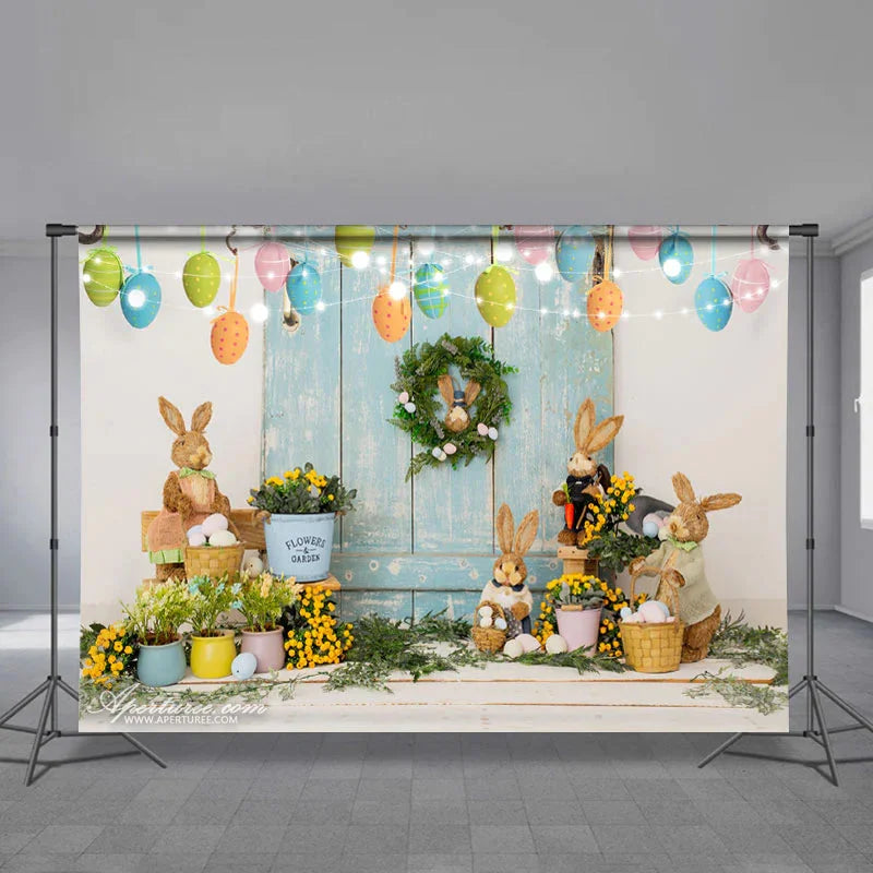 Aperturee - Easter Bunny Stop Here Lighting Eggs Backdrop