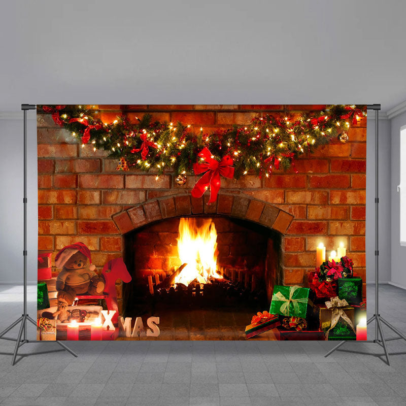 Aperturee - Fireplace Light Wreath Brick Family Xmas Backdrop
