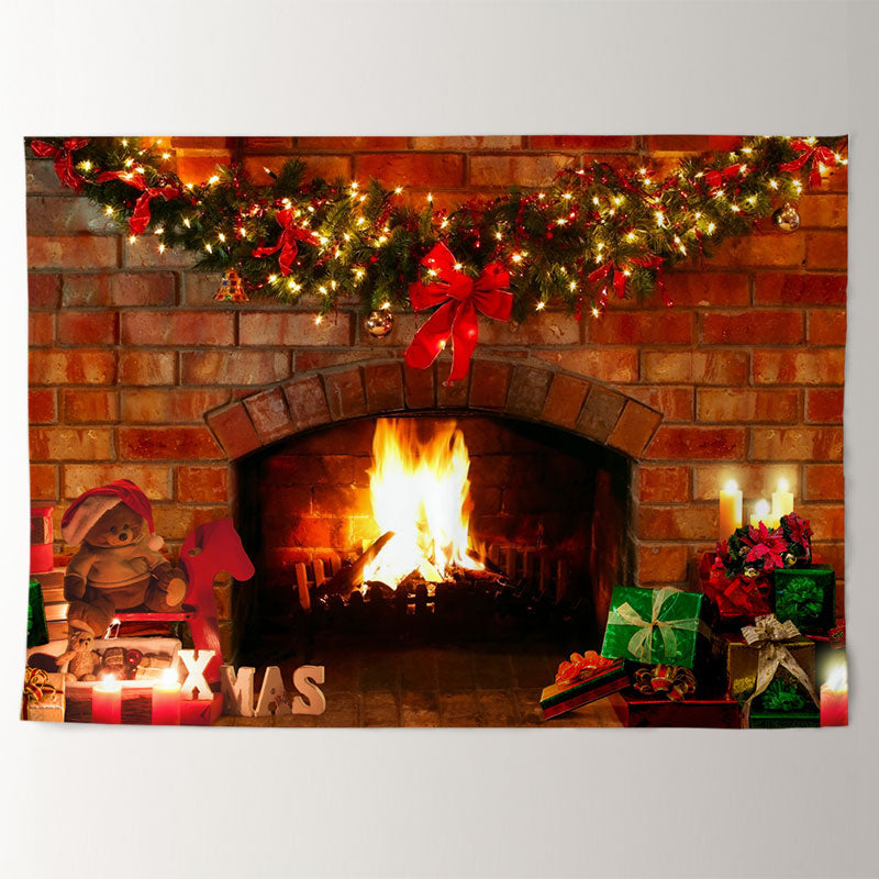 Aperturee - Fireplace Light Wreath Brick Family Xmas Backdrop