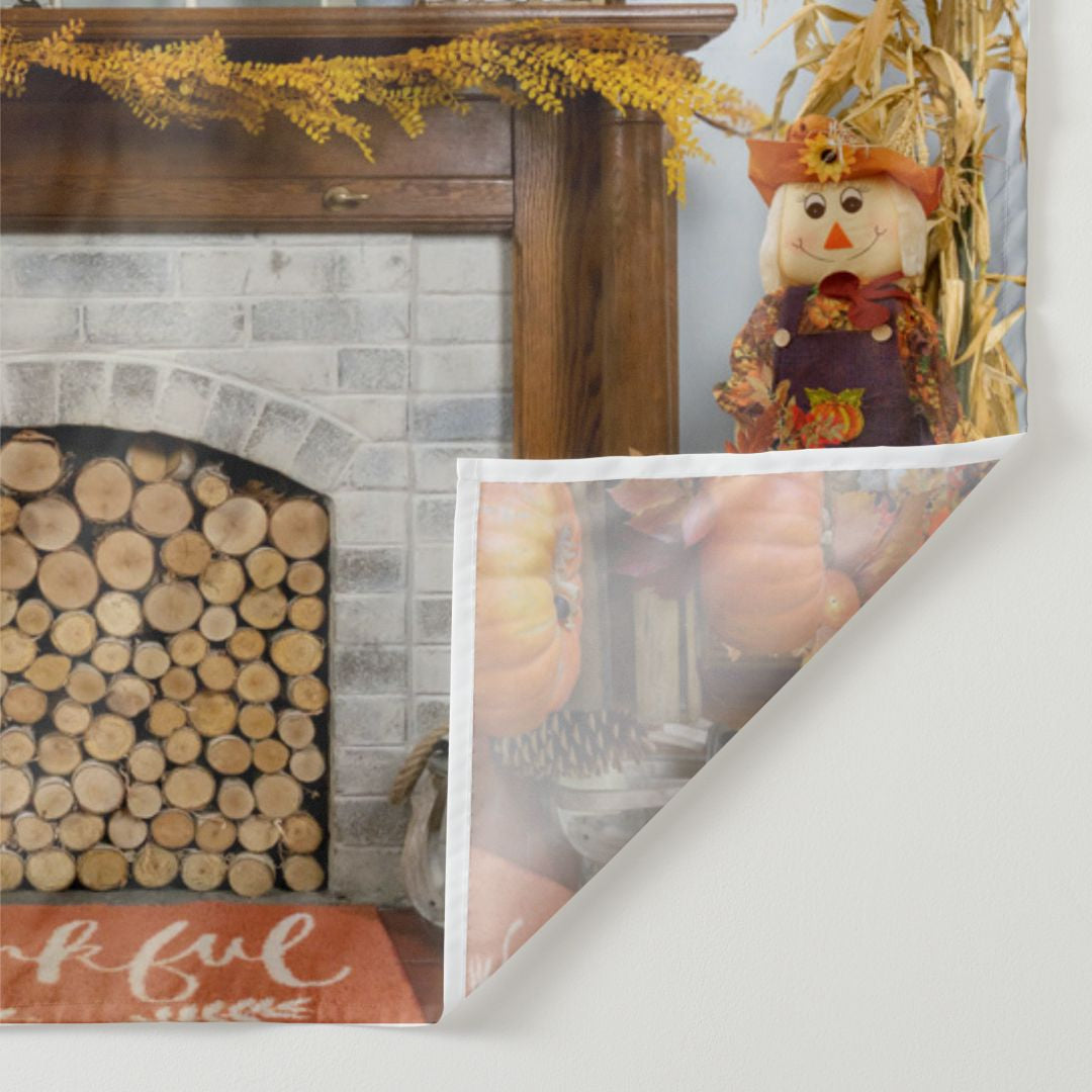 Aperturee - Fireplace Pumpkin Scarecrow Thanksgiving Backdrop