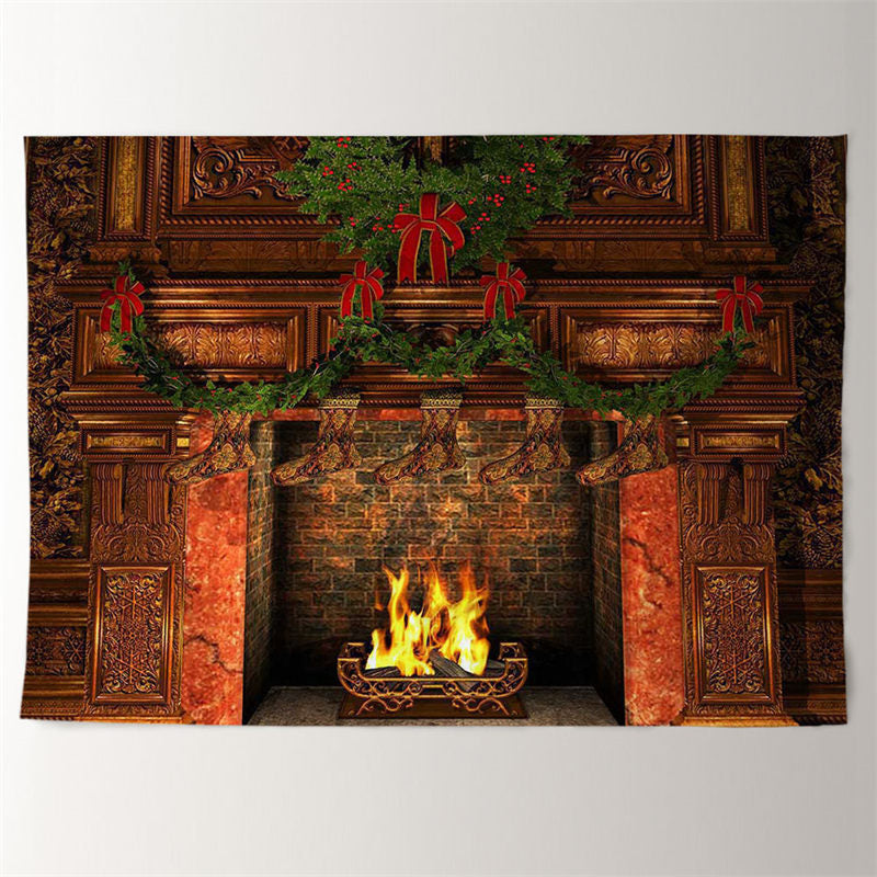 Aperturee - Fireplace Stocking Grass Wreath Christmas Backdrop