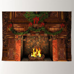 Aperturee - Fireplace Stocking Grass Wreath Christmas Backdrop