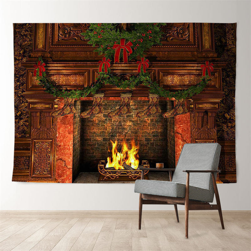 Aperturee - Fireplace Stocking Grass Wreath Christmas Backdrop