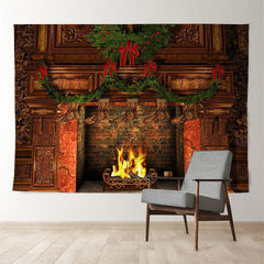 Aperturee - Fireplace Stocking Grass Wreath Christmas Backdrop