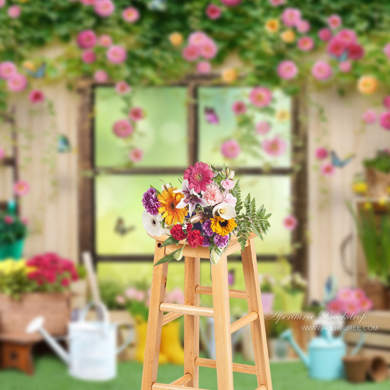 Aperturee - Floral Garden Wooden Wall Window Bokeh Photo Backdrop