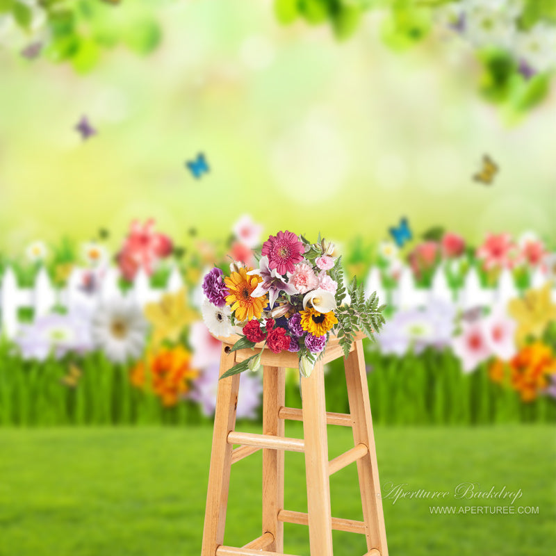 Aperturee - Floral Grass Butterflies Garden Spring Photo Backdrop
