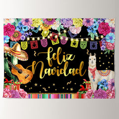 Aperturee - Floral Llama Gold Feliz Navidad Christmas Backdrop
