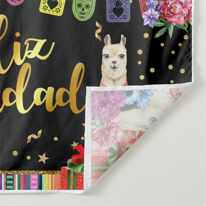 Aperturee - Floral Llama Gold Feliz Navidad Christmas Backdrop
