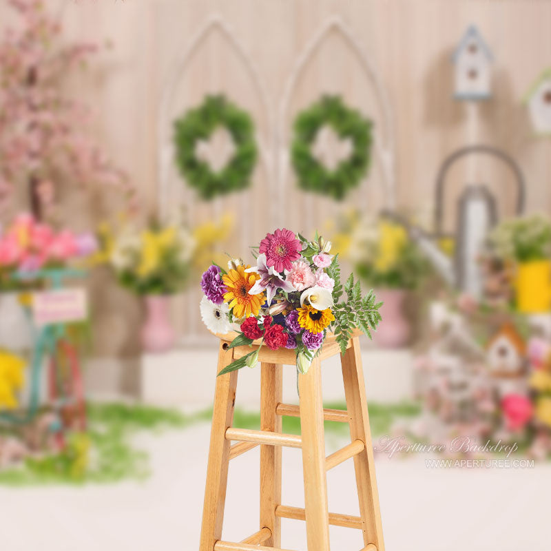 Aperturee - Garden Floral Rustic Wooden Spring Backdrop For Photo