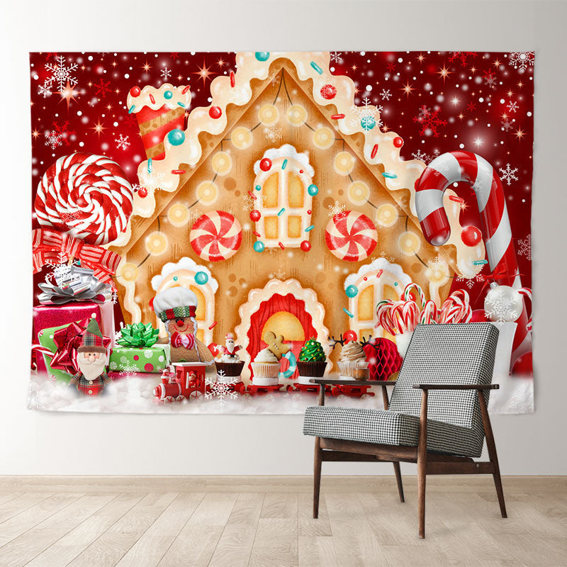 Aperturee - Gingerbread House Candy Snowy Christmas Backdrop