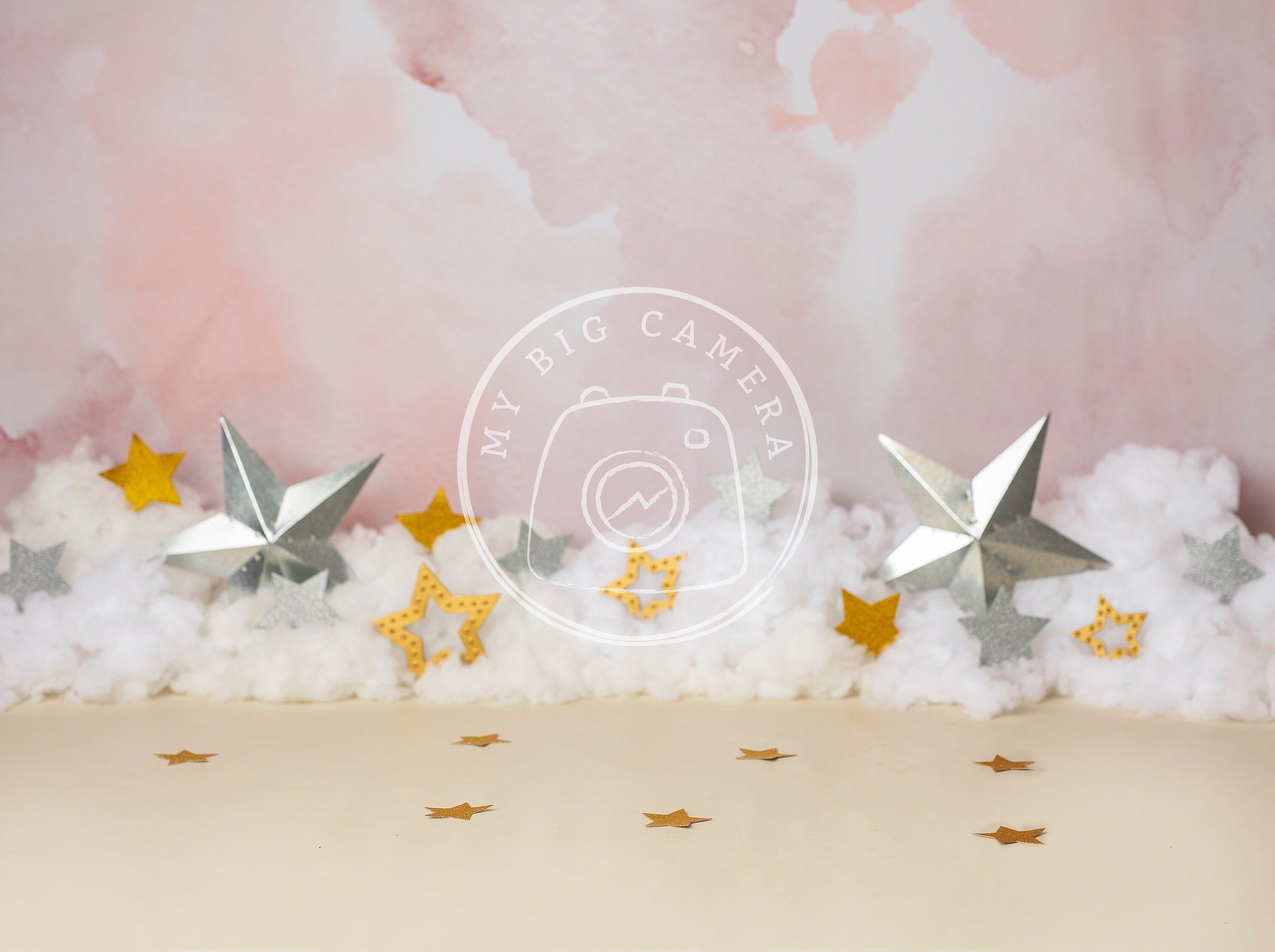 Aperturee - Gold Clouds Dusty Pink Stars Boho Portrait Sessions Backdrop For Baby