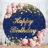 Aperturee - Gold Diamonds Round Blue Happy Birthday Backdrop