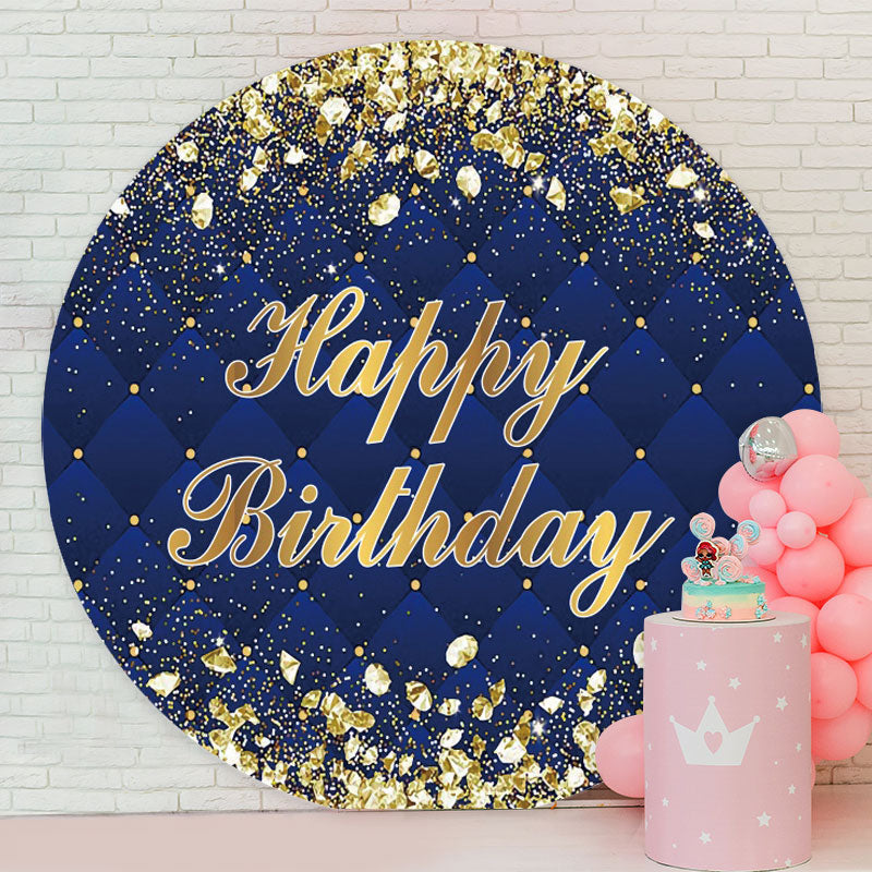 Aperturee - Gold Diamonds Round Blue Happy Birthday Backdrop