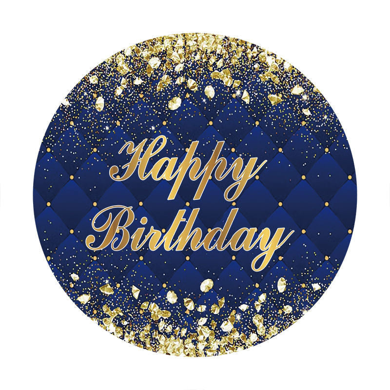 Aperturee - Gold Diamonds Round Blue Happy Birthday Backdrop