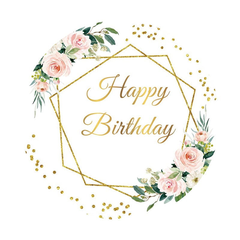 Aperturee - Gold Geometry Flower Round Happy Birthday Backdrop