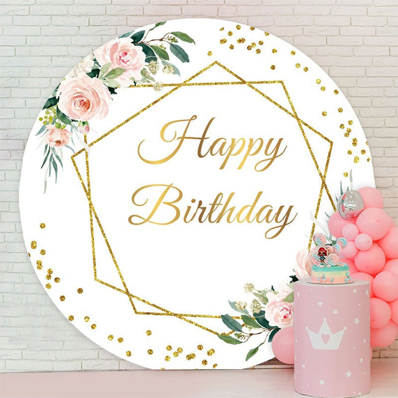 Aperturee - Gold Geometry Flower Round Happy Birthday Backdrop