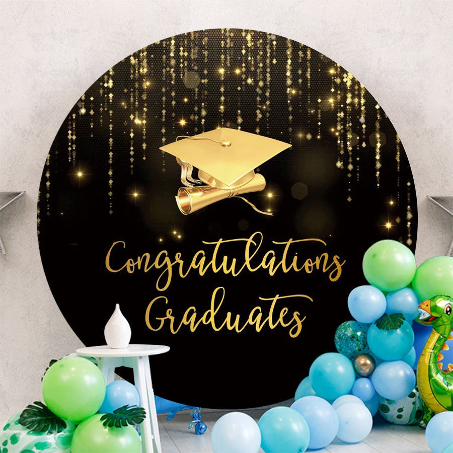 Aperturee - Gold Glitter Bokeh Round Black Graduation Backdrop