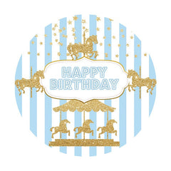 Aperturee - Gold Glitter Carousel Blue Round Birthday Backdrop