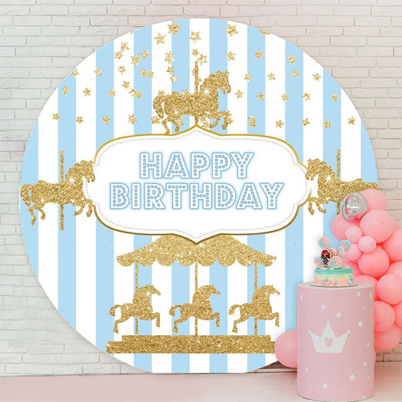 Aperturee - Gold Glitter Carousel Blue Round Birthday Backdrop