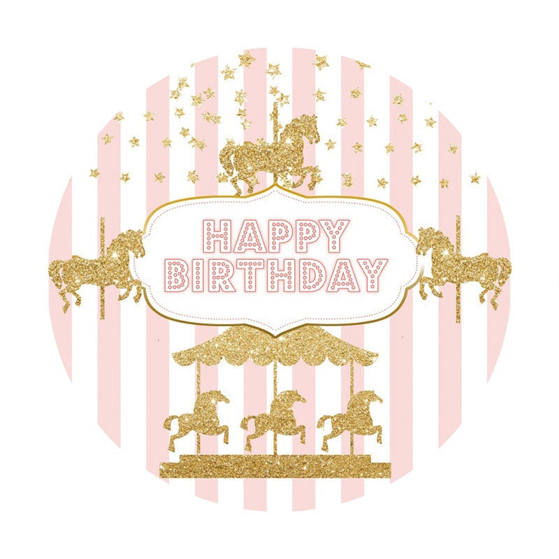 Aperturee - Gold Glitter Carousel Pink Round Birthday Backdrop