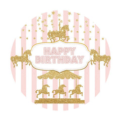 Aperturee - Gold Glitter Carousel Pink Round Birthday Backdrop