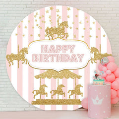 Aperturee - Gold Glitter Carousel Pink Round Birthday Backdrop