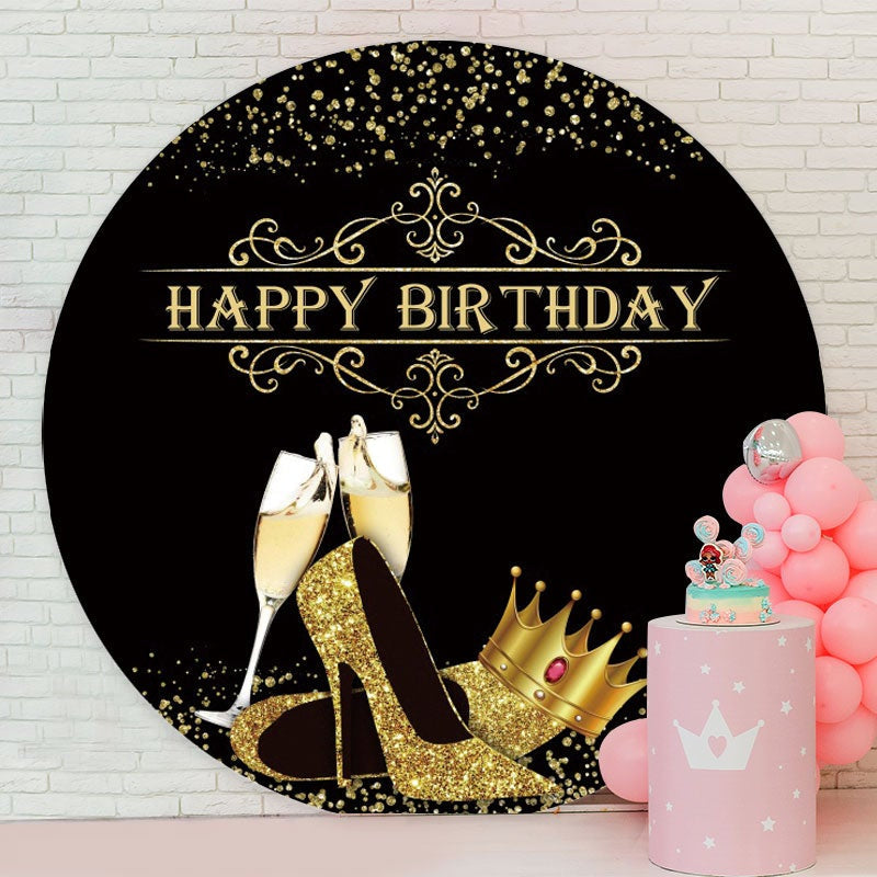 Aperturee - Gold Glitter Heels Black Round Happy Birthday Backdrop