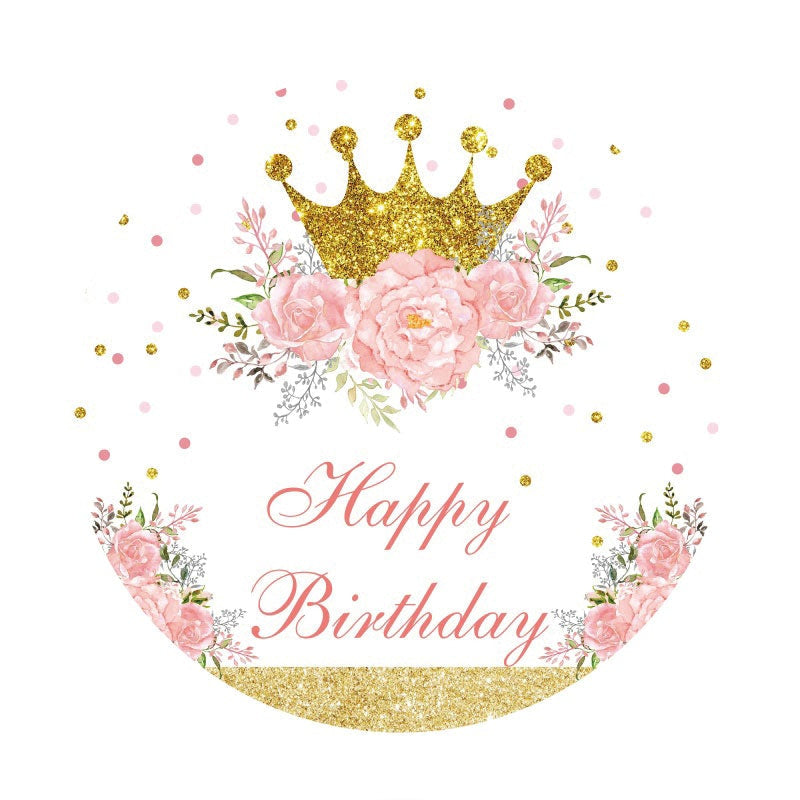 Aperturee - Gold Glitter Pink Flower Round Happy Birthday Backdrop