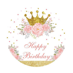Aperturee - Gold Glitter Pink Flower Round Happy Birthday Backdrop