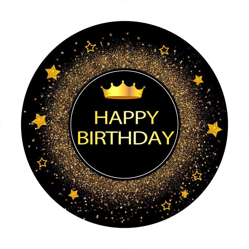 Aperturee - Gold Glitter Round Black Happy Birthday Backdrop