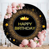 Aperturee - Gold Glitter Round Black Happy Birthday Backdrop