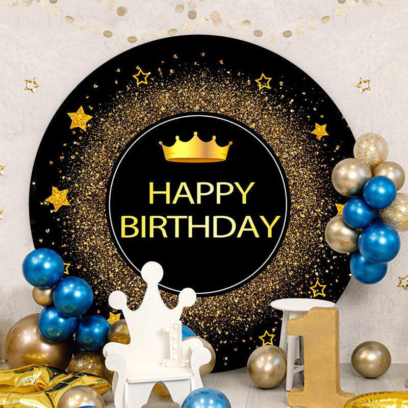 Aperturee - Gold Glitter Round Black Happy Birthday Backdrop