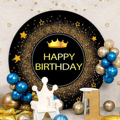 Aperturee - Gold Glitter Round Black Happy Birthday Backdrop