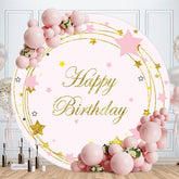 Aperturee - Gold Glitter Star Round Pink Happy Birthday Backdrop