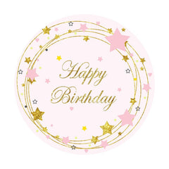 Aperturee - Gold Glitter Star Round Pink Happy Birthday Backdrop