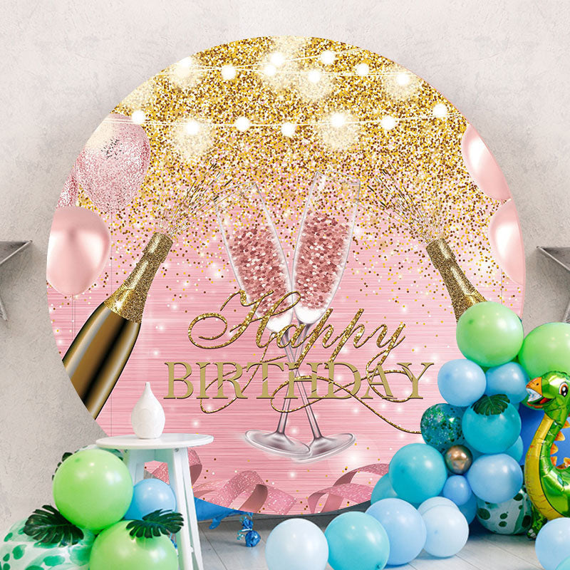 Aperturee - Gold Pink Glitter Happy Birthday Round Backdrop