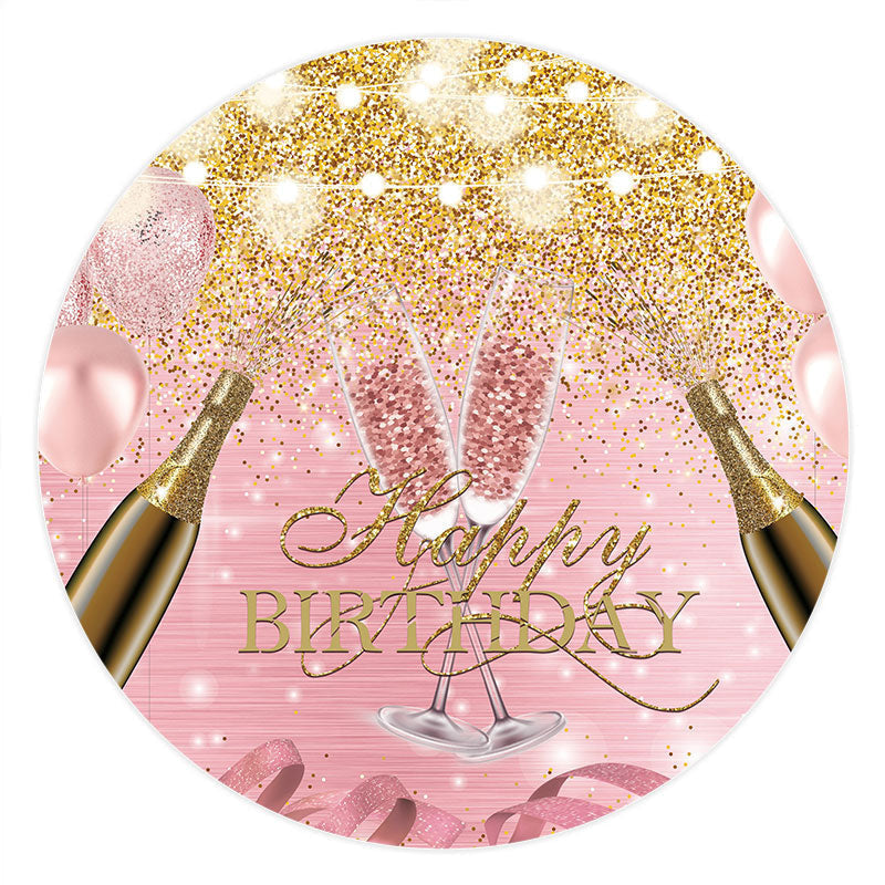 Aperturee - Gold Pink Glitter Happy Birthday Round Backdrop