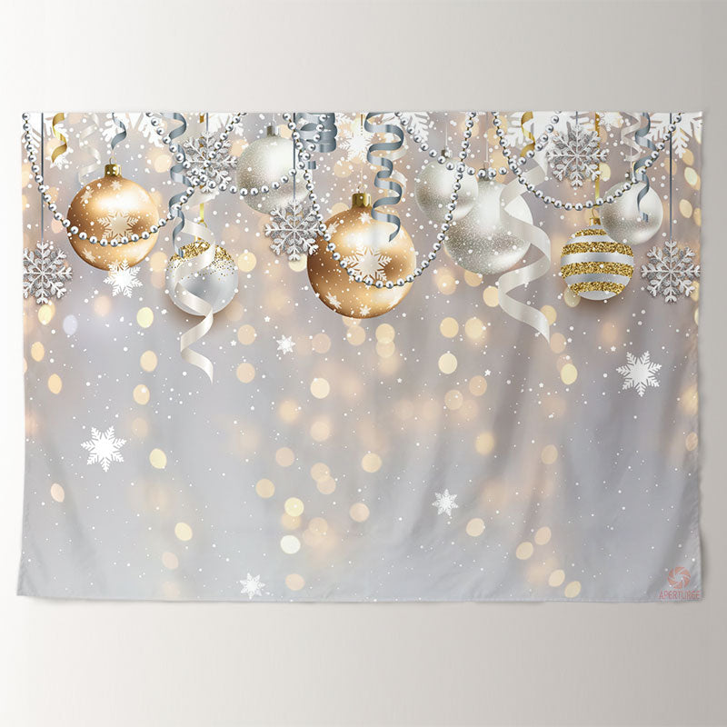Aperturee - Gold Silver Bauble Snow Bokeh Christmas Backdrop