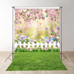 Aperturee - Green Grass Butterfly Floral Spring Photography Backdrop