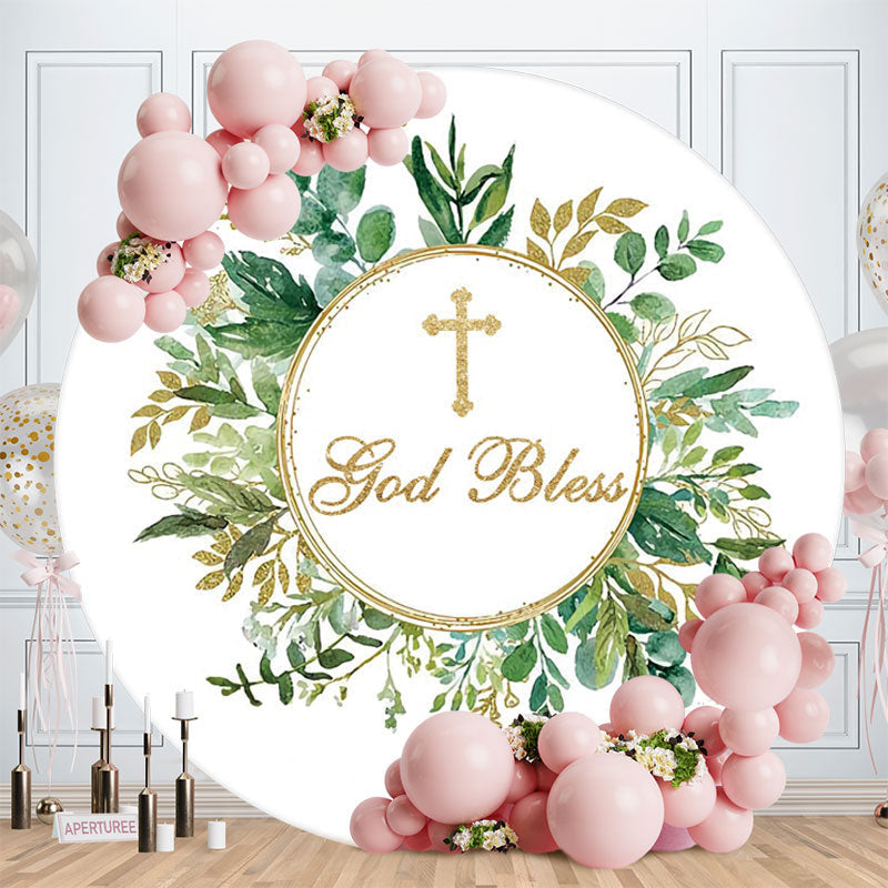 Aperturee - Green Leaves Gold Glitter Round Baby Shower Backdrop