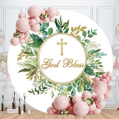 Aperturee - Green Leaves Gold Glitter Round Baby Shower Backdrop