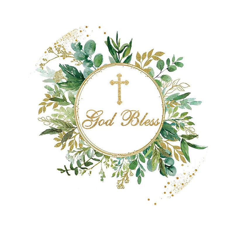 Aperturee - Green Leaves Gold Glitter Round Baby Shower Backdrop