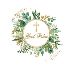 Aperturee - Green Leaves Gold Glitter Round Baby Shower Backdrop