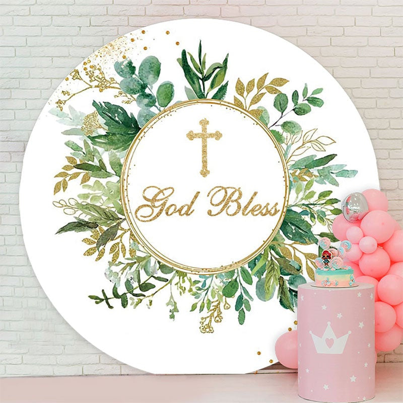 Aperturee - Green Leaves Gold Glitter Round Baby Shower Backdrop