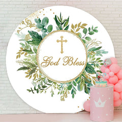 Aperturee - Green Leaves Gold Glitter Round Baby Shower Backdrop