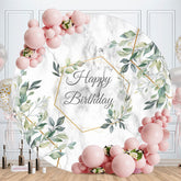 Aperturee - Green Leaves Round Grey Happy Birthday Party Backdrop