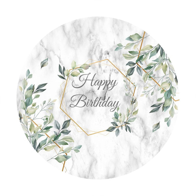 Aperturee - Green Leaves Round Grey Happy Birthday Party Backdrop